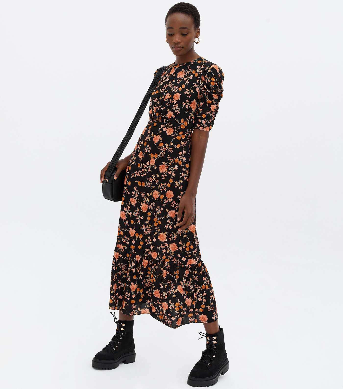 Tall Black Floral Ruched Sleeve Tie Back Midi Dress