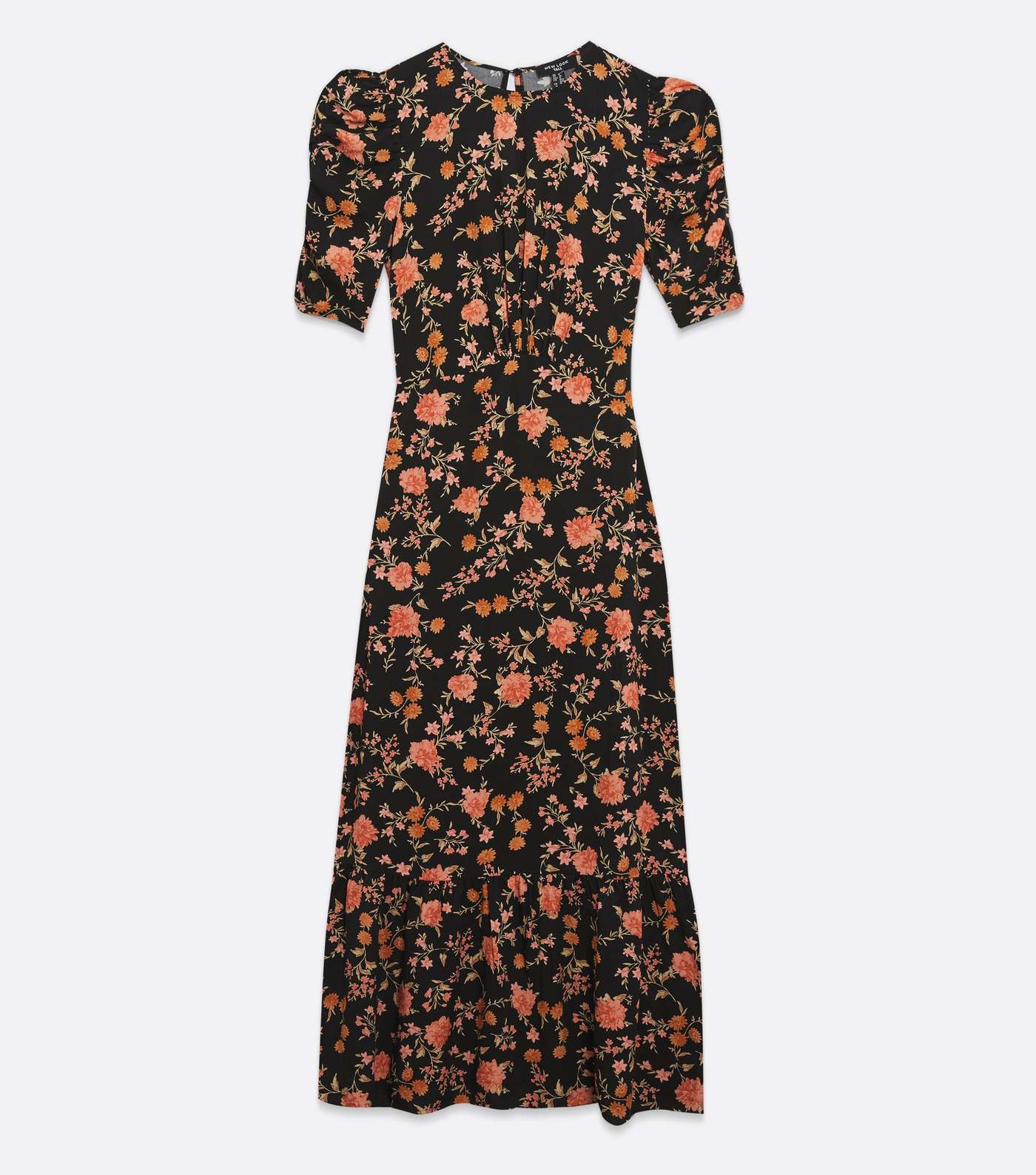 Tall Black Floral Ruched Sleeve Tie Back Midi Dress Image 5