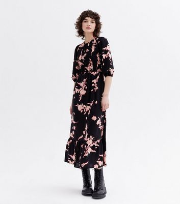 black floral shirred dress