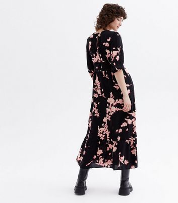 Black Floral Shirred Puff Sleeve Tiered Midi Dress New Look