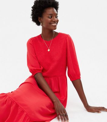 Click to view product details and reviews for Red Shirred Tiered Puff Sleeve Midi Dress New Look.