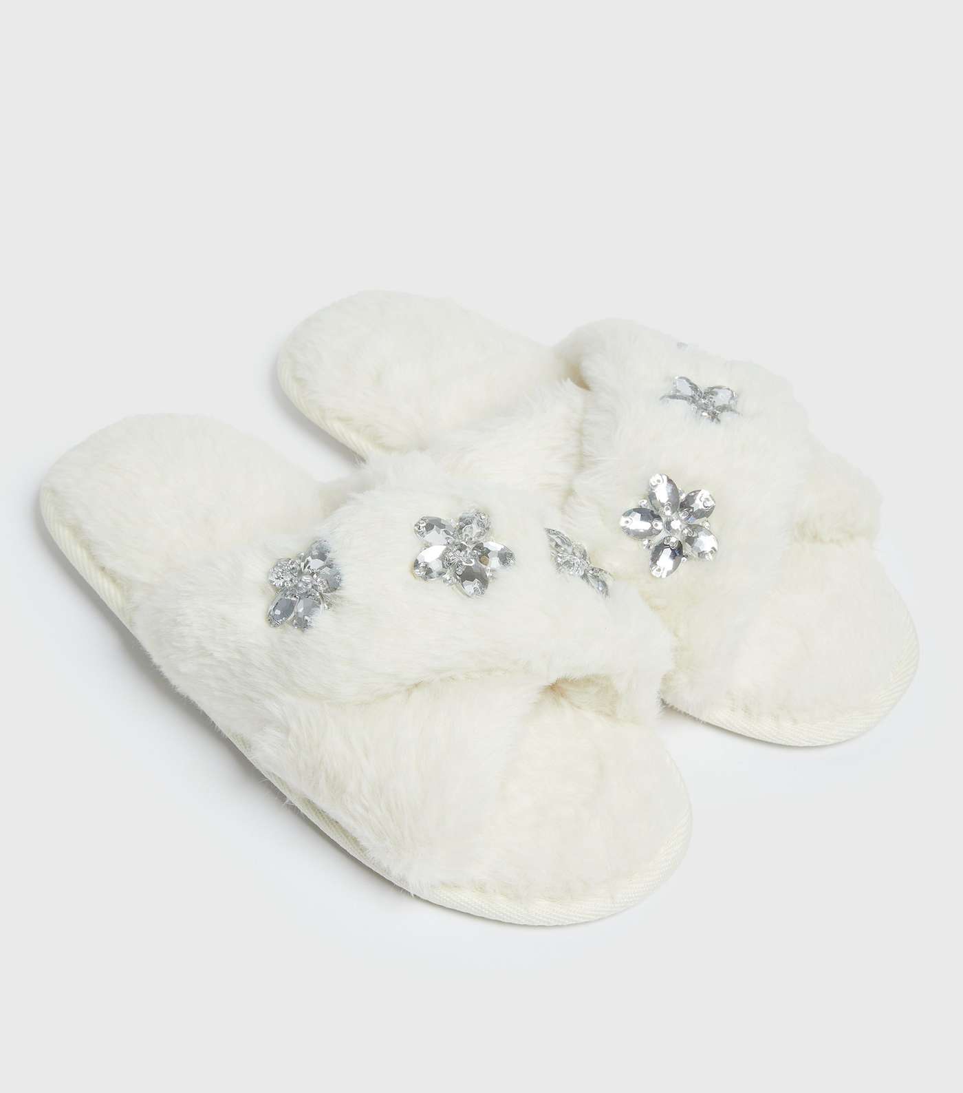 White Faux Fur Gem Flower Slider Slippers Image 3
