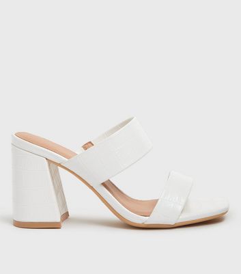 Click to view product details and reviews for White Faux Croc Double Strap Block Heel Mules New Look Vegan.