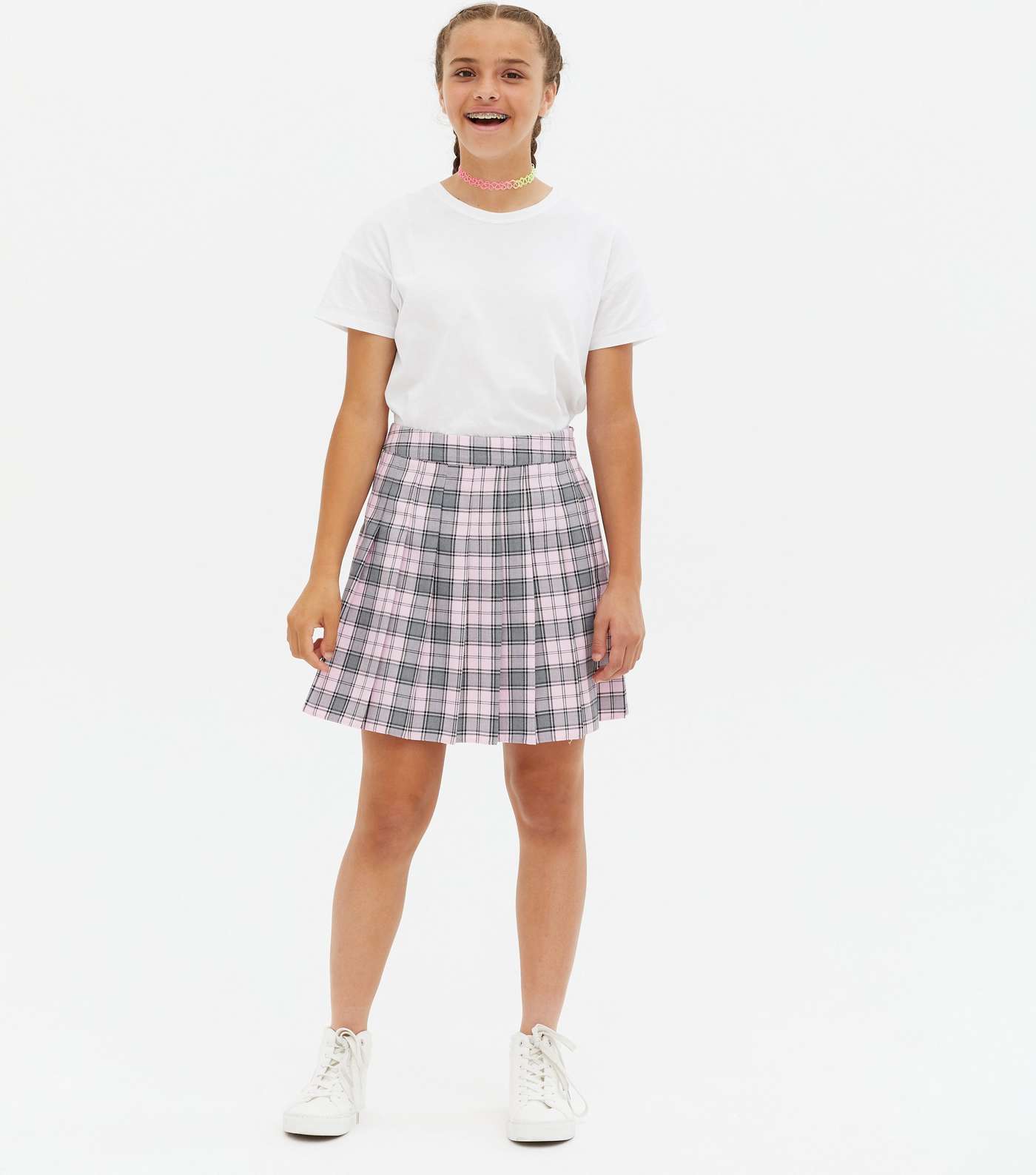 Girls Pale Pink Check Pleated Mini Tennis Skirt
