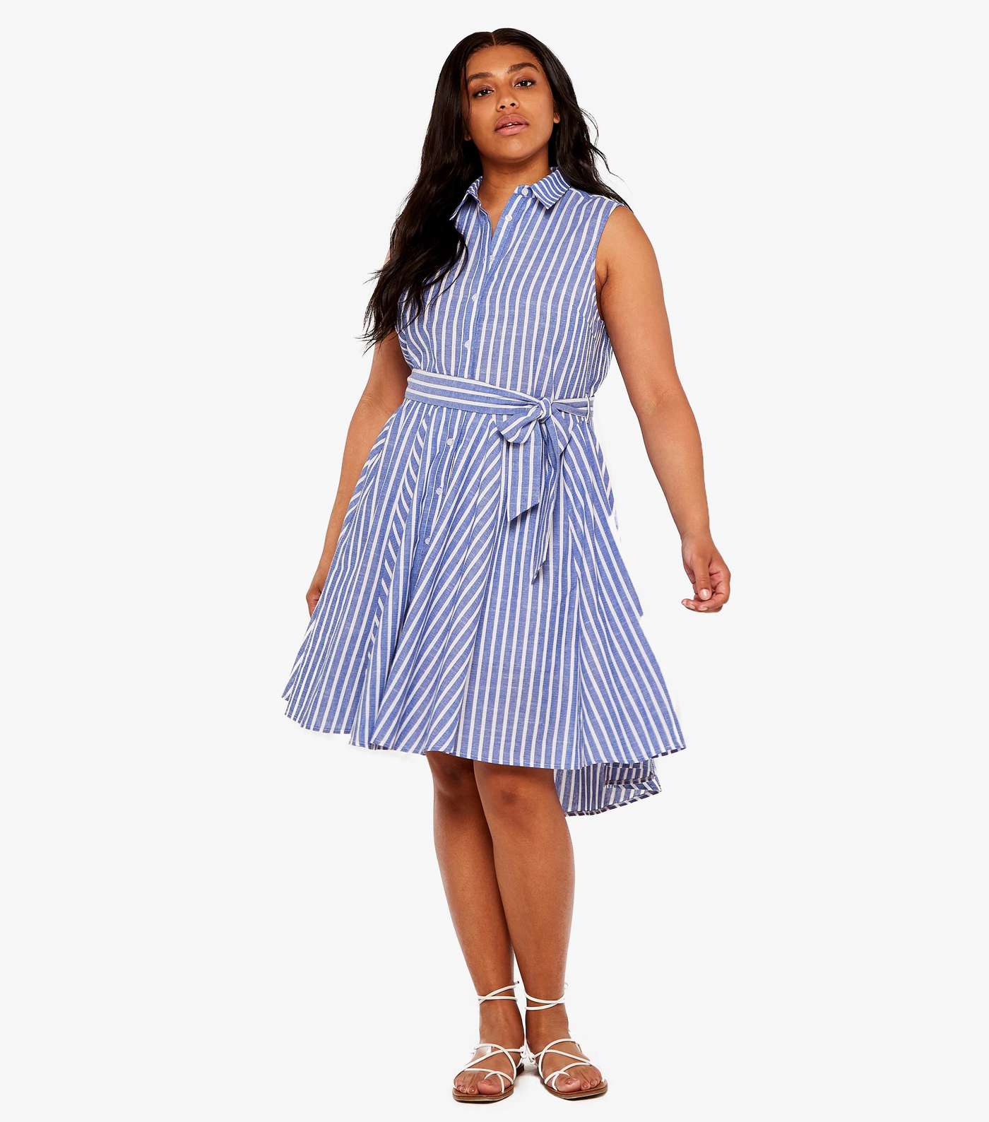 Apricot Curves Blue Stripe Belted Sleeveless Dress