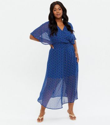 Blue Floral Chiffon Shirred Maxi Dress 
