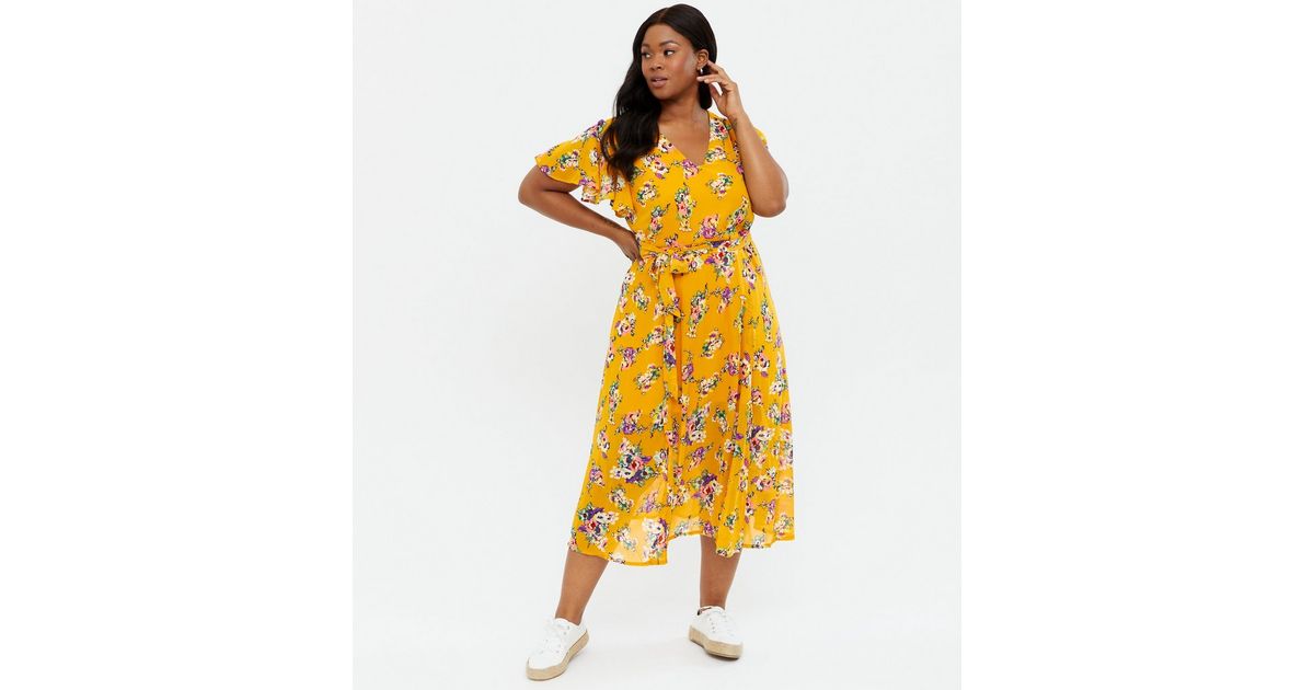 Yumi Curves Orange Floral Belted Midi Dress | New Look