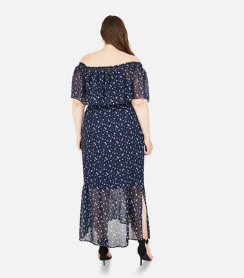 Click to view product details and reviews for Yumi Curves Navy Daisy Chiffon Bardot Maxi Dress New Look.