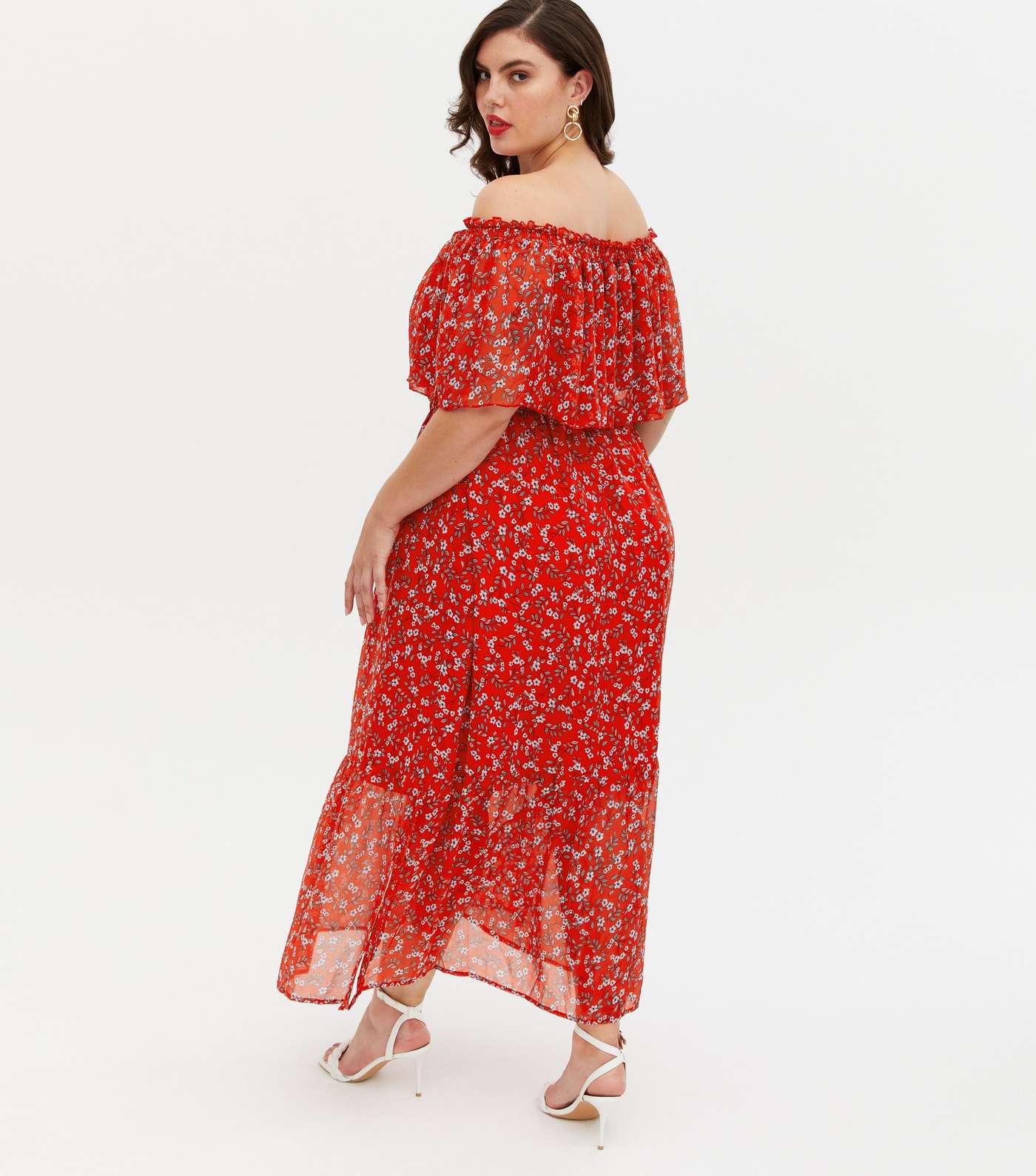 Yumi Curves Red Floral Bardot Maxi Dress Image 4