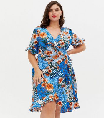 Yumi Curves Blue Floral Patchwork Wrap Dress New Look