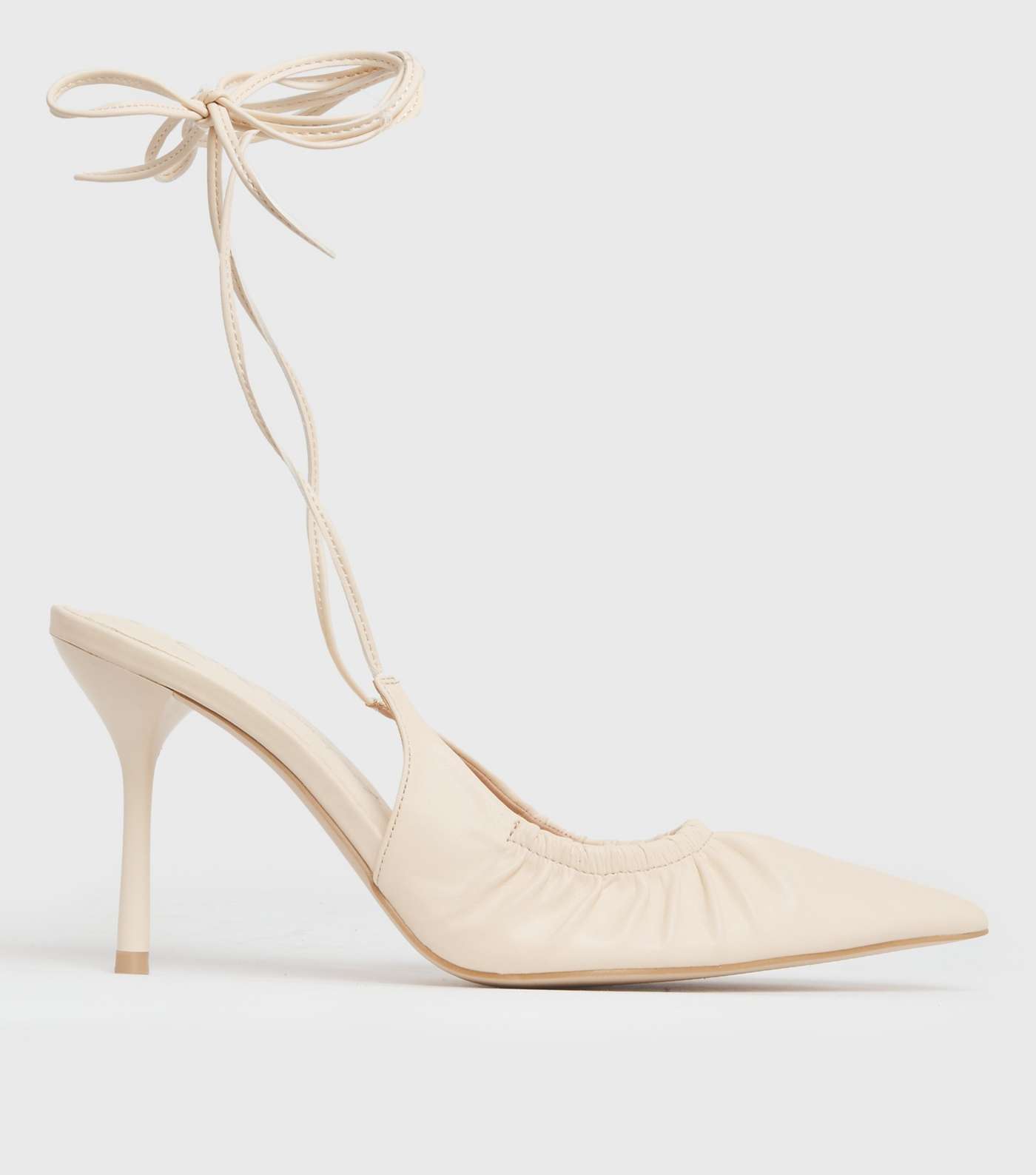 Off White Ruched Pointed Tie Stiletto Heel Court Shoes
