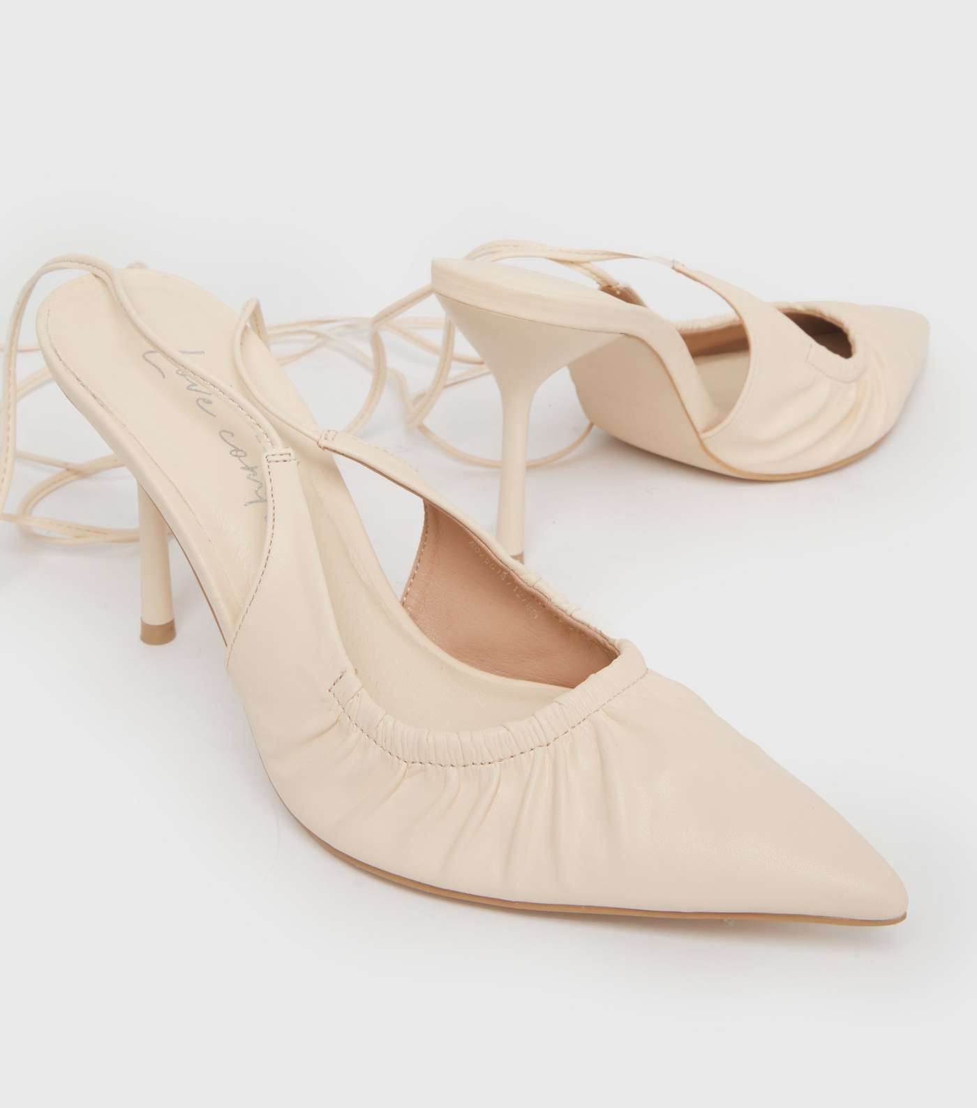 Off White Ruched Pointed Tie Stiletto Heel Court Shoes Image 3