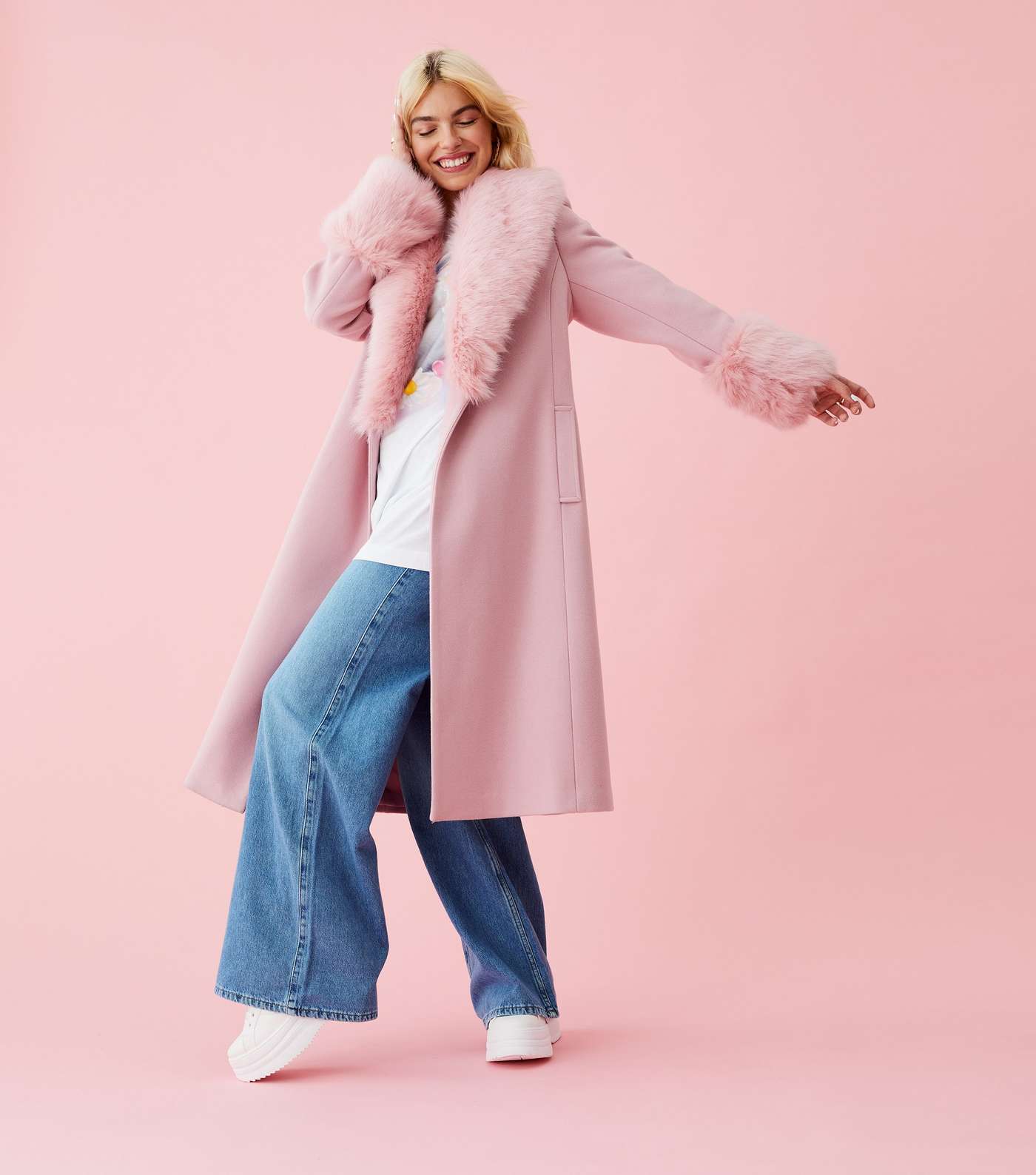 OMG Pale Pink Faux Fur Trim Coat Image 3
