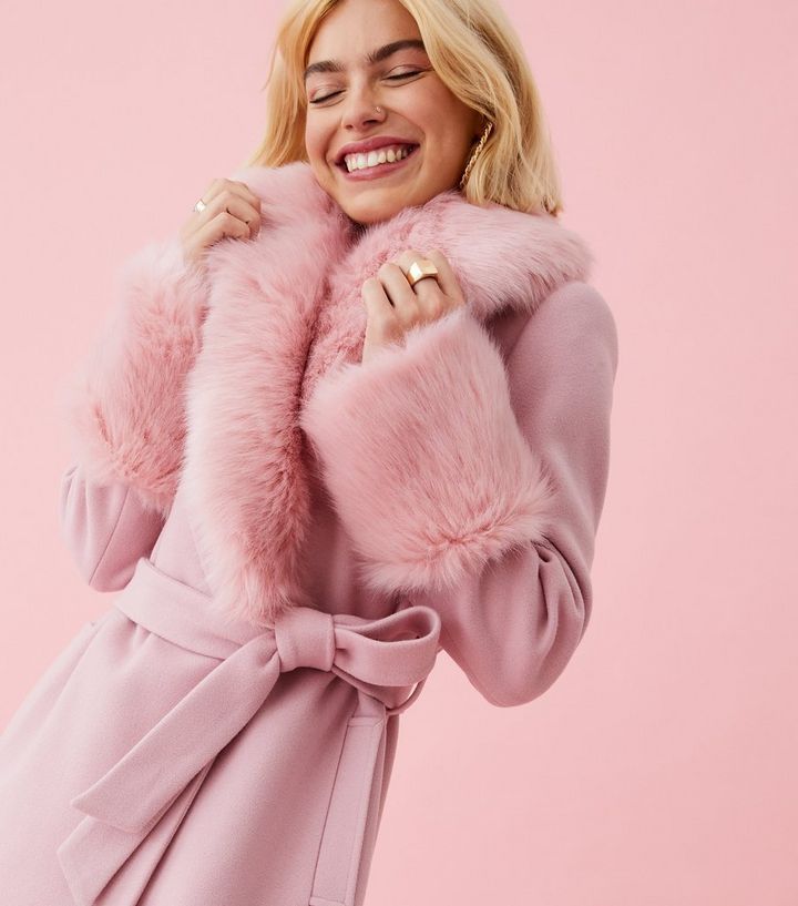 Pale Pink Faux Fur Trim Coat New Look, Royal Blue Faux Fur Coats Plus Size Uk