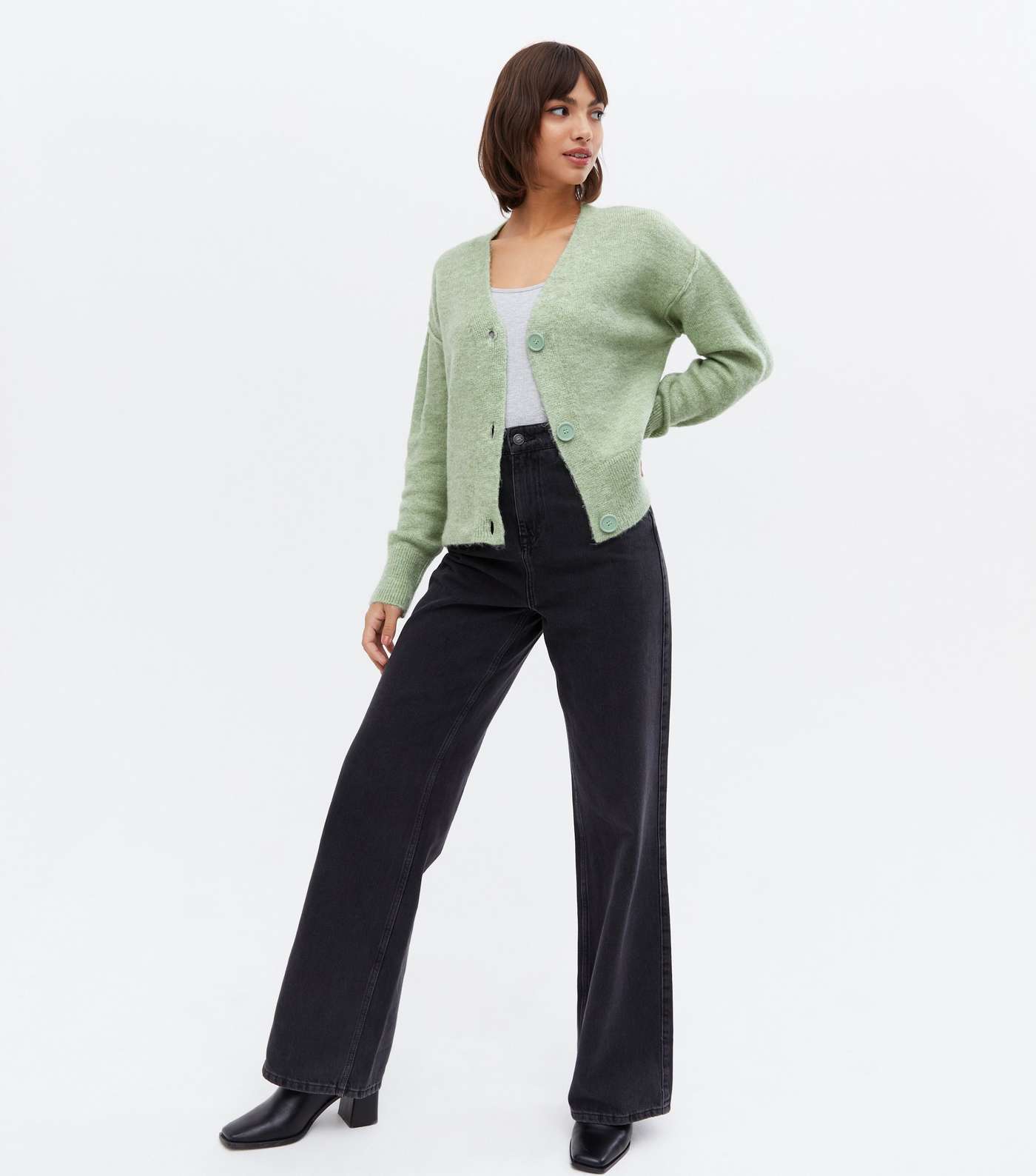 Light Green Knit Exposed Seam Button Cardigan Image 2