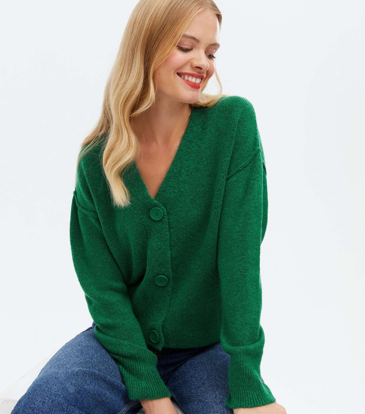 Green Knit Exposed Seam Button Cardigan