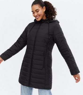 long black puffer jacket with hood