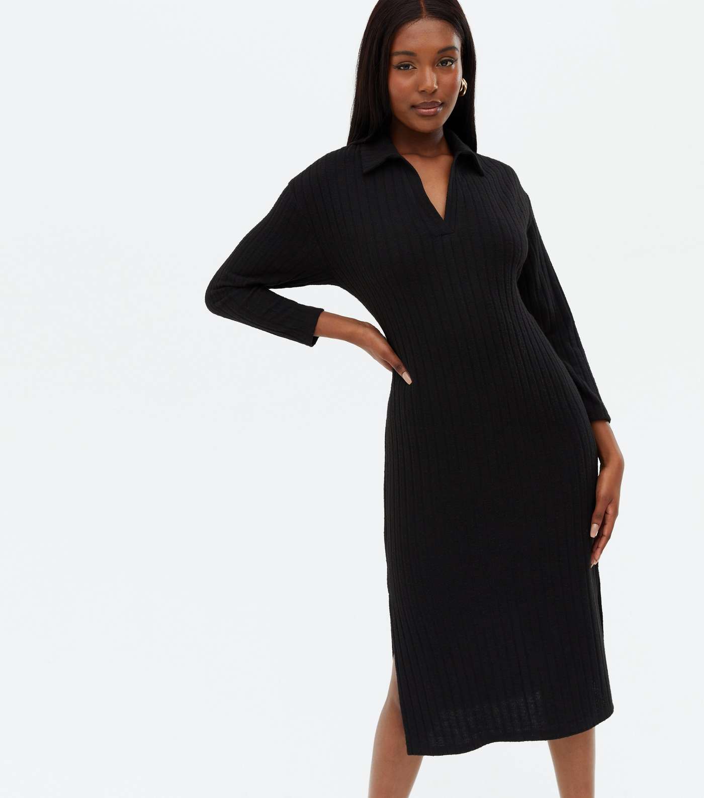 Black Ribbed Fine Knit Oversized Polo Midi Dress
