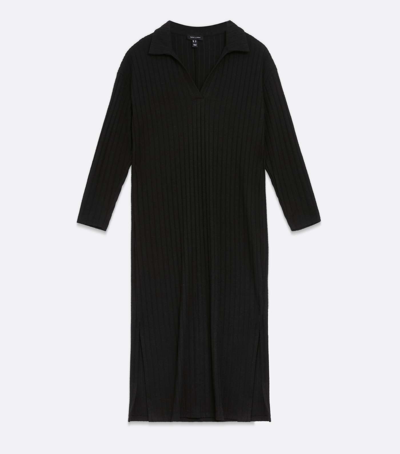 Black Ribbed Fine Knit Oversized Polo Midi Dress Image 5