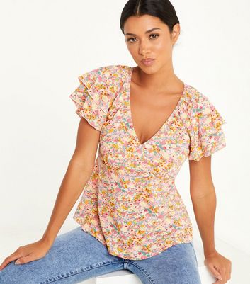 QUIZ Pink Floral Frill Sleeve Blouse | New Look