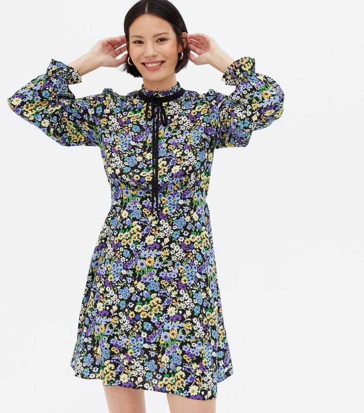 Blue Ditsy Floral Frill Tie Neck Mini Dress