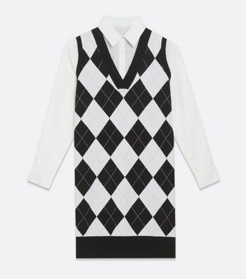 Damen Bekleidung Black Argyle 2-in-1 Vest Jumper Shirt Dress Damen Bekleidung Black Argyle 2-in-1 Vest Jumper Shirt Dress