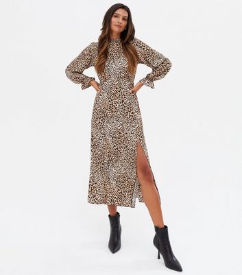 Brown Leopard Print High Neck Tie Back Midi Dress New Look