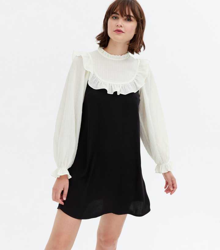 Black 2 in 1 Yoke Frill Mini Smock Dress
