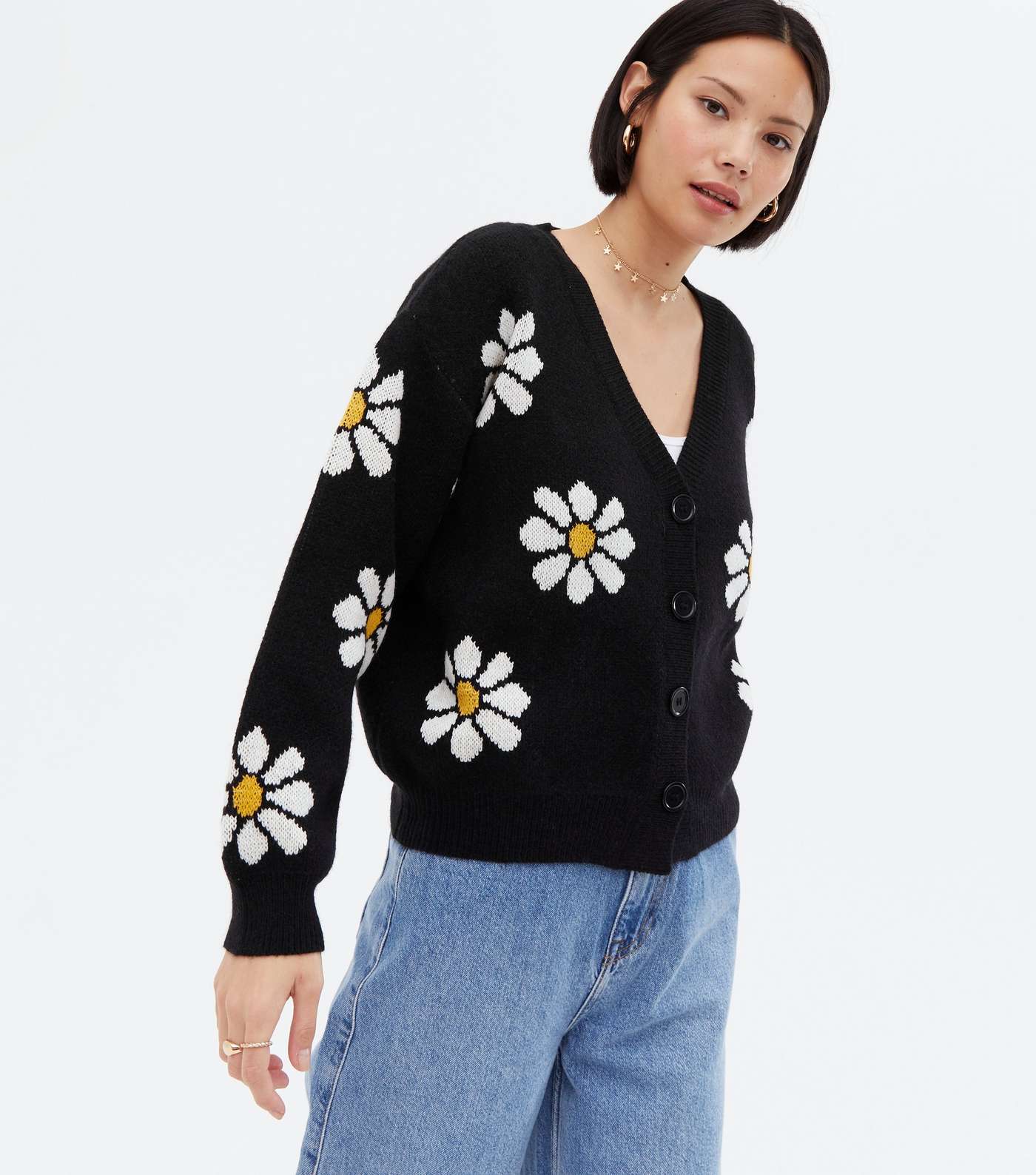 Black Floral Knit Button Cardigan Image 3