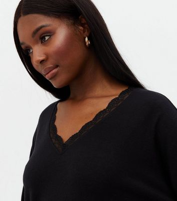 Damen Bekleidung Black Lace Trim V Neck Oversized Top