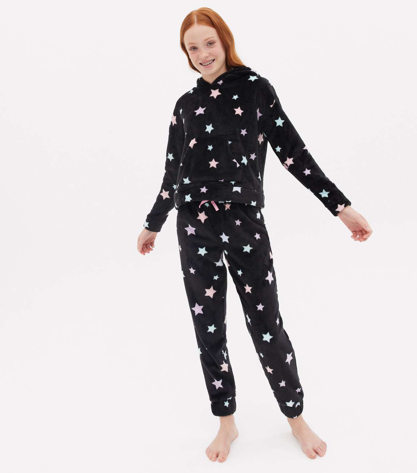 Girls Black Star Faux Fur Pyjama Joggers