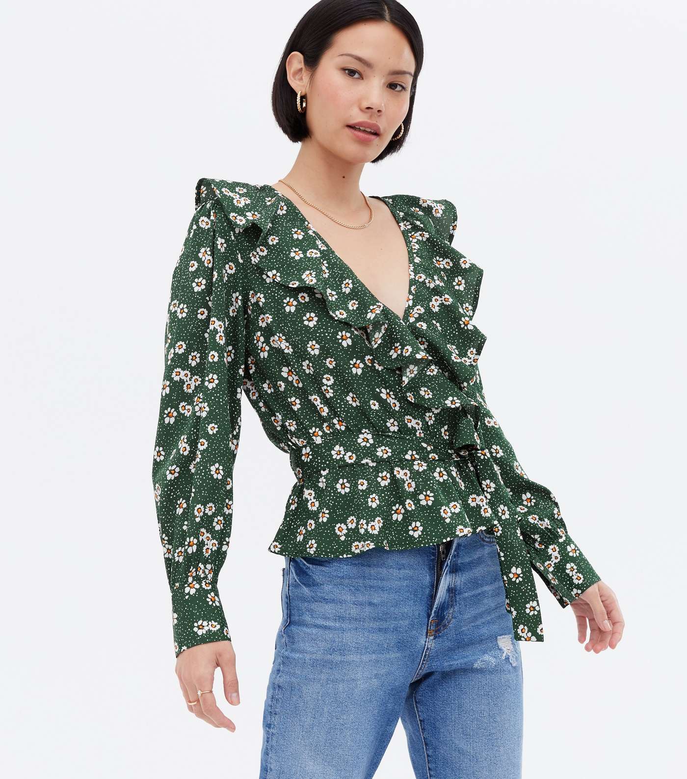 Green Ditsy Floral Frill Long Sleeve Wrap Blouse
