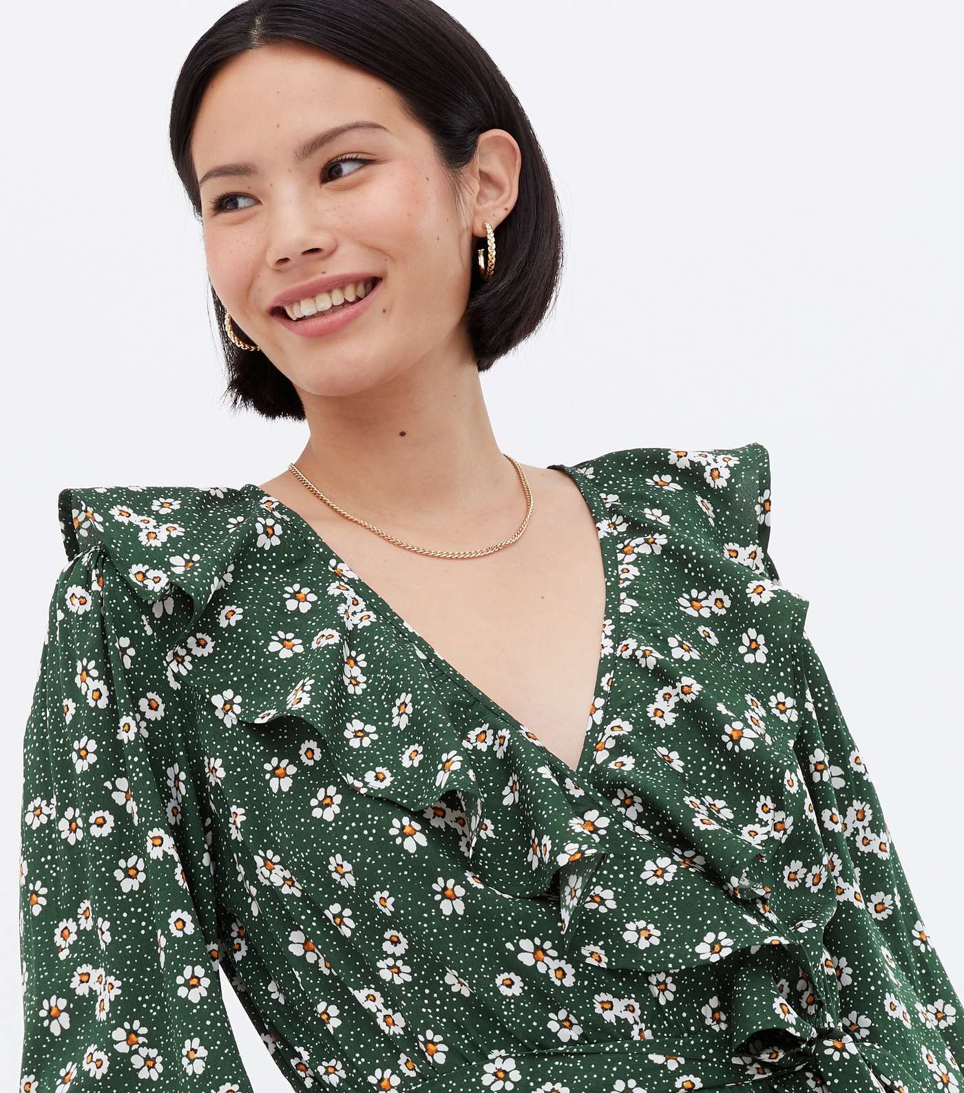 Green Ditsy Floral Frill Long Sleeve Wrap Blouse Image 3