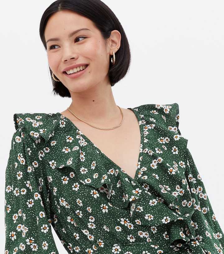 Green Ditsy Floral Frill Long Sleeve Wrap Blouse