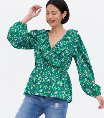 Green Ditsy Floral Frill Wrap Peplum Blouse | New Look
