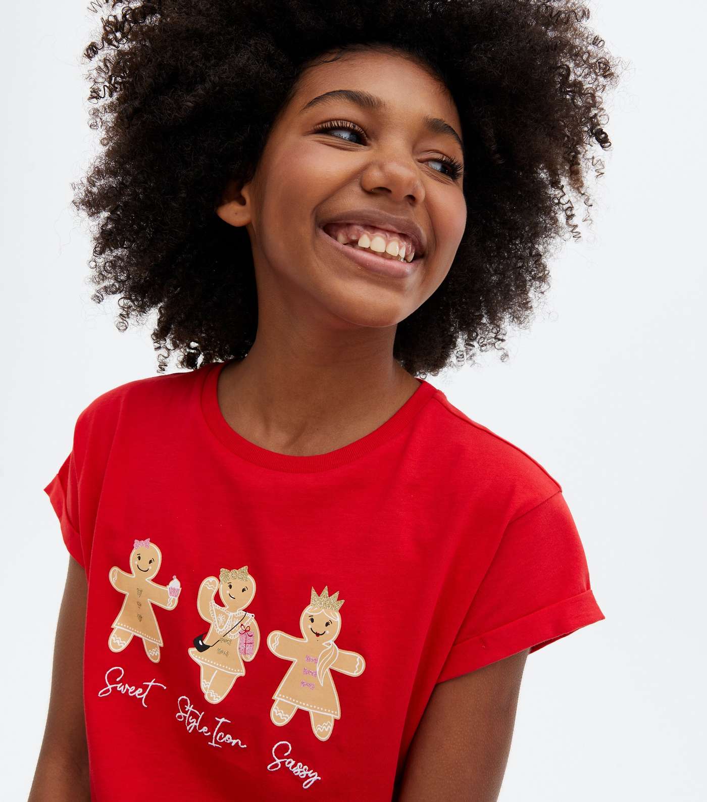 Girls Red Christmas Gingerbread Embroidered T-Shirt Image 3