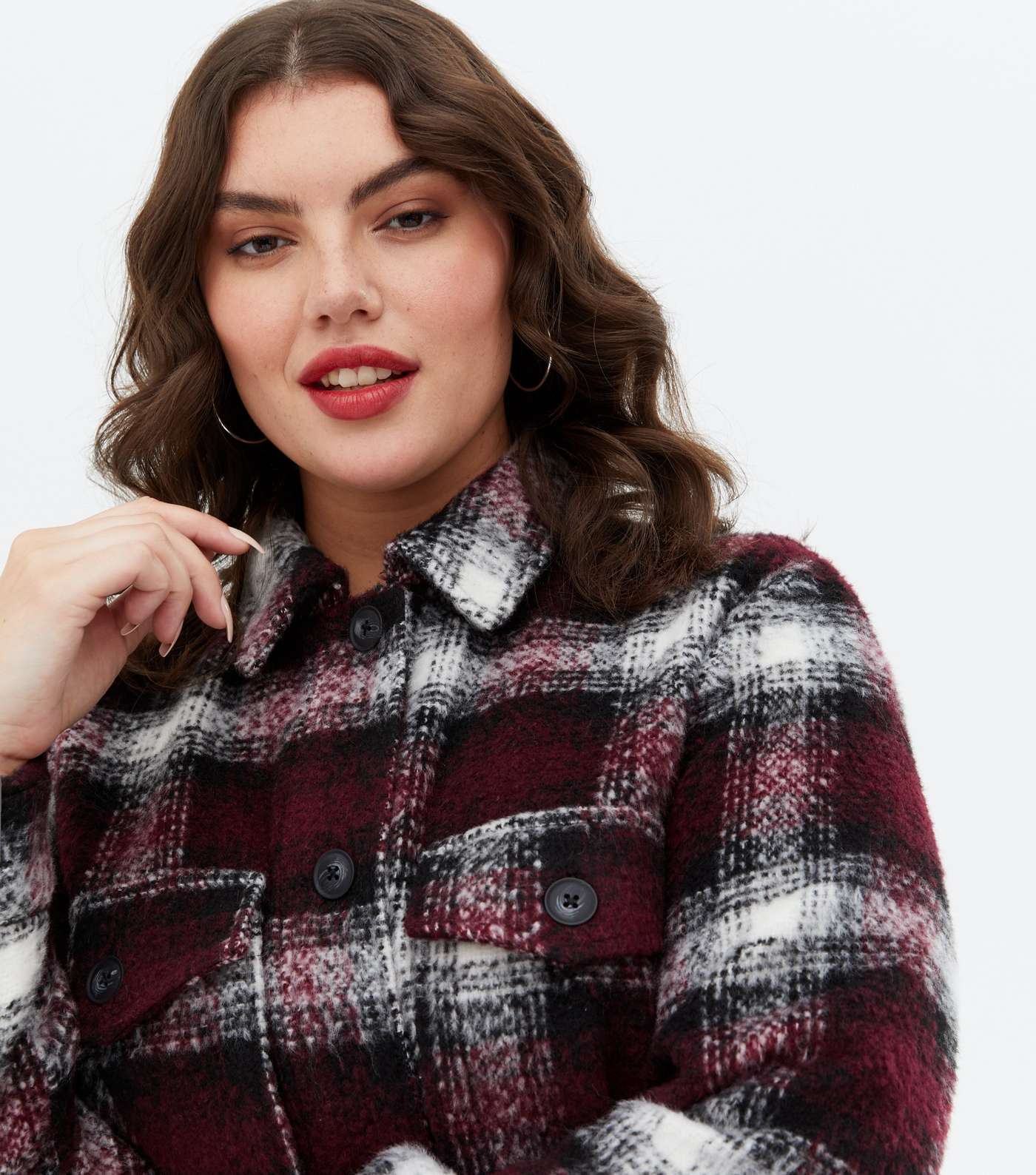 Curves Red Check Brushed Double Pocket Shacket Image 3