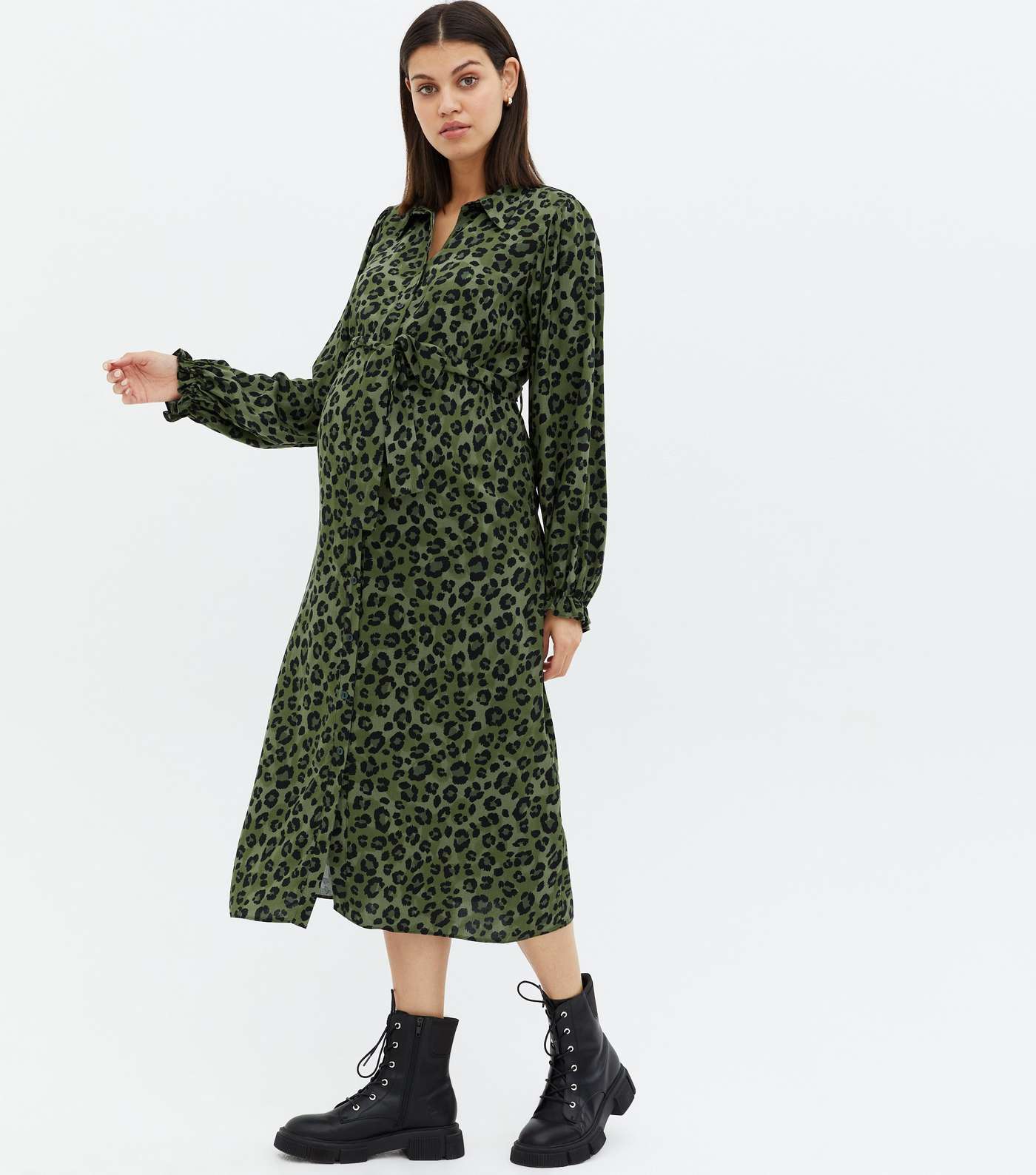 Maternity Green Leopard Print Belted Midi Shirt Dress