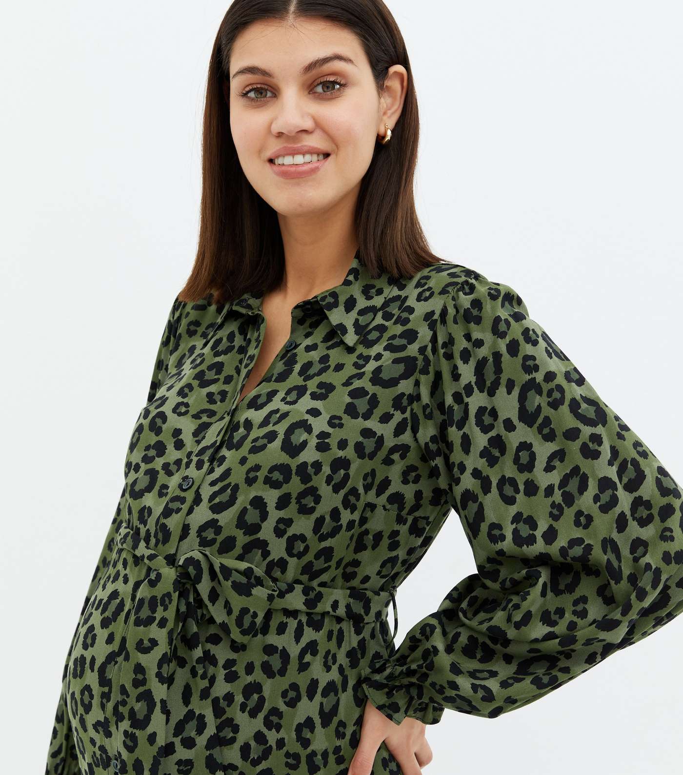 Maternity Green Leopard Print Belted Midi Shirt Dress Image 3