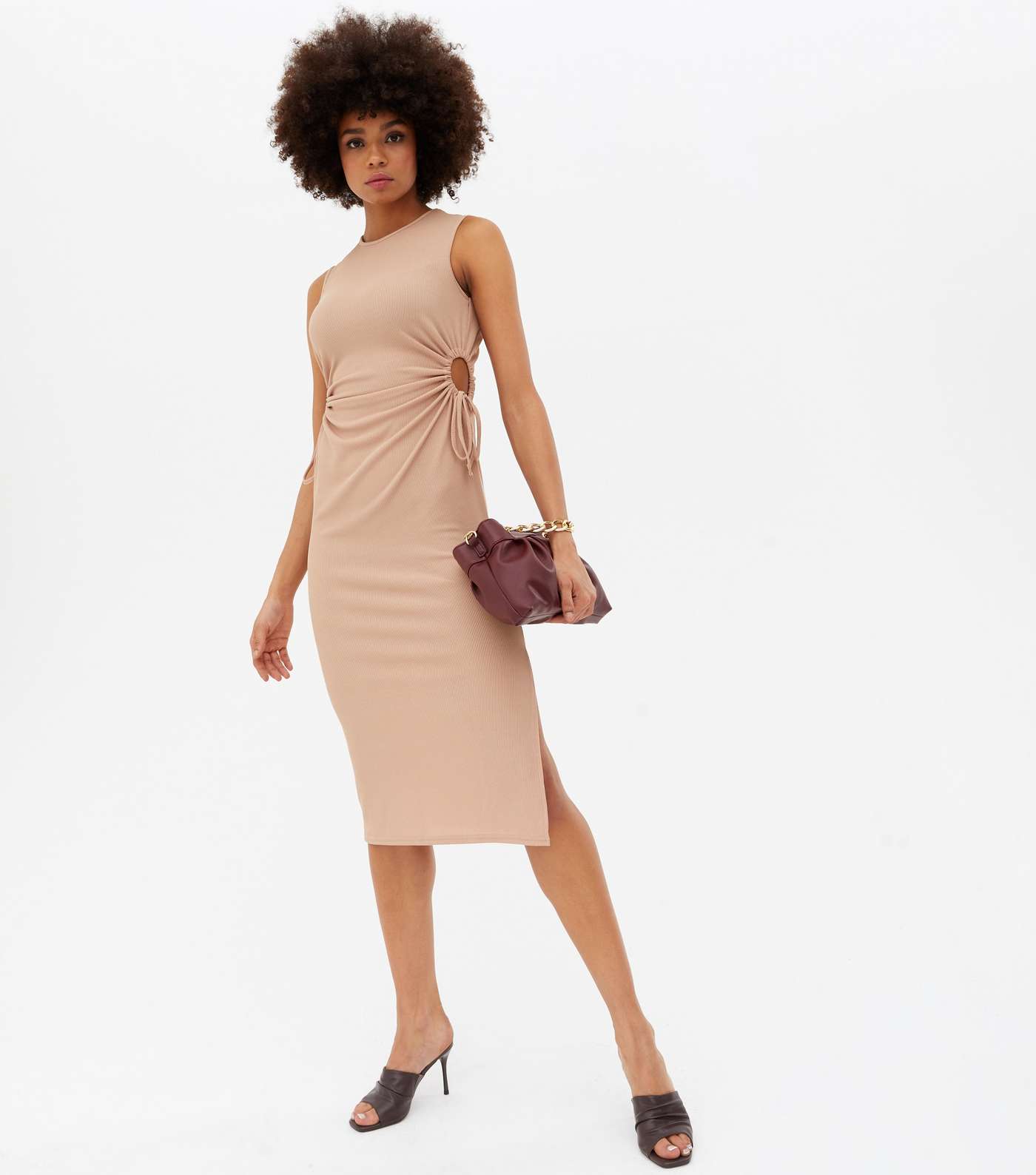 Stone Ribbed Cut Out Midi Bodycon Dress Image 2