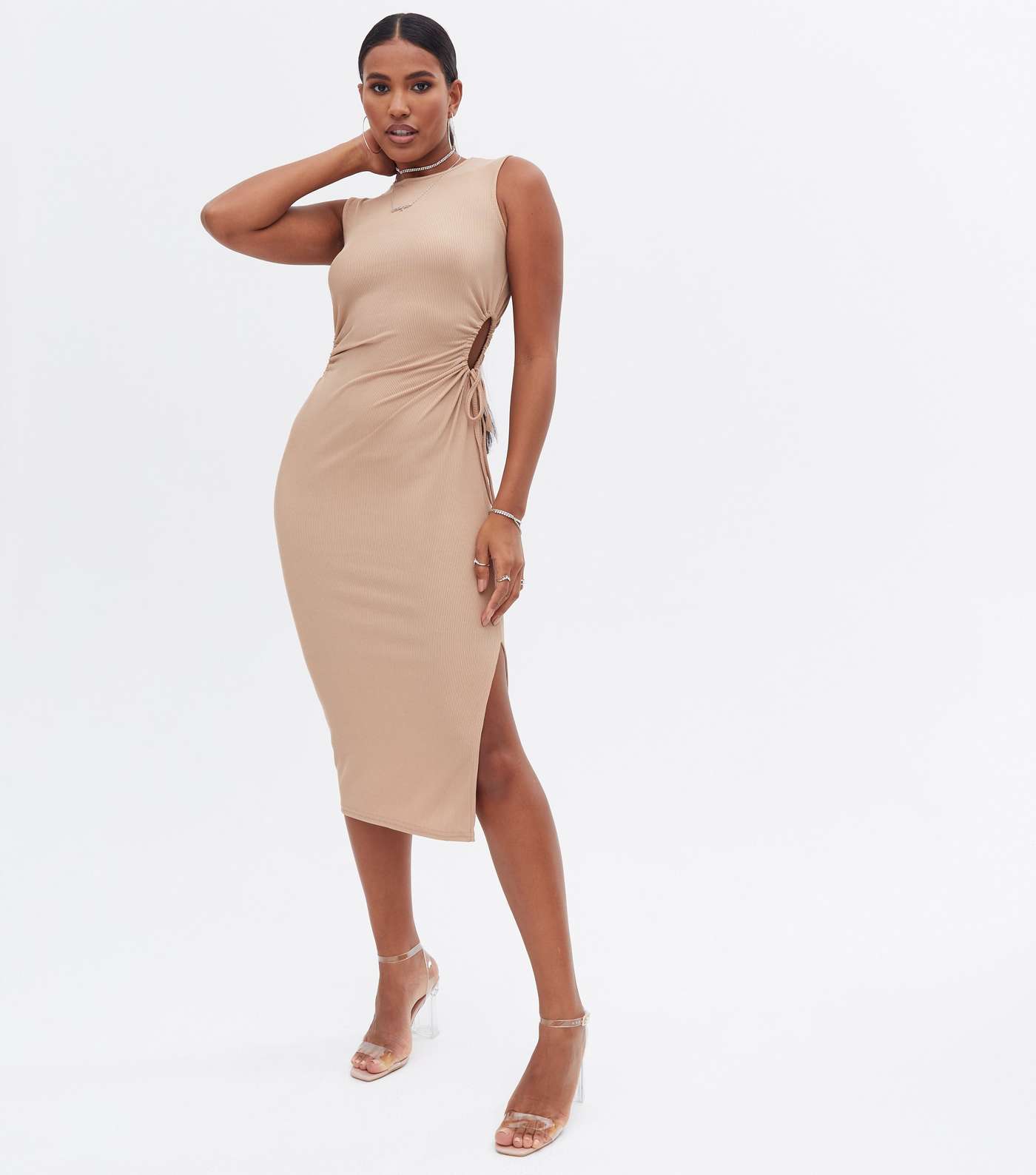 Camel Ribbed Cut Out Midi Bodycon Dress