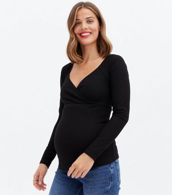 Maternity Black Long Sleeve Wrap Nursing Top