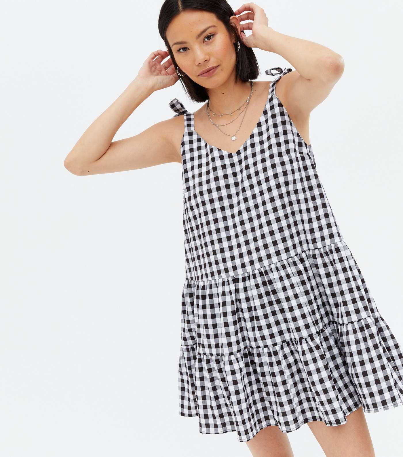 Cameo Rose Black Gingham Tie Strap Tiered Sundress Image 2