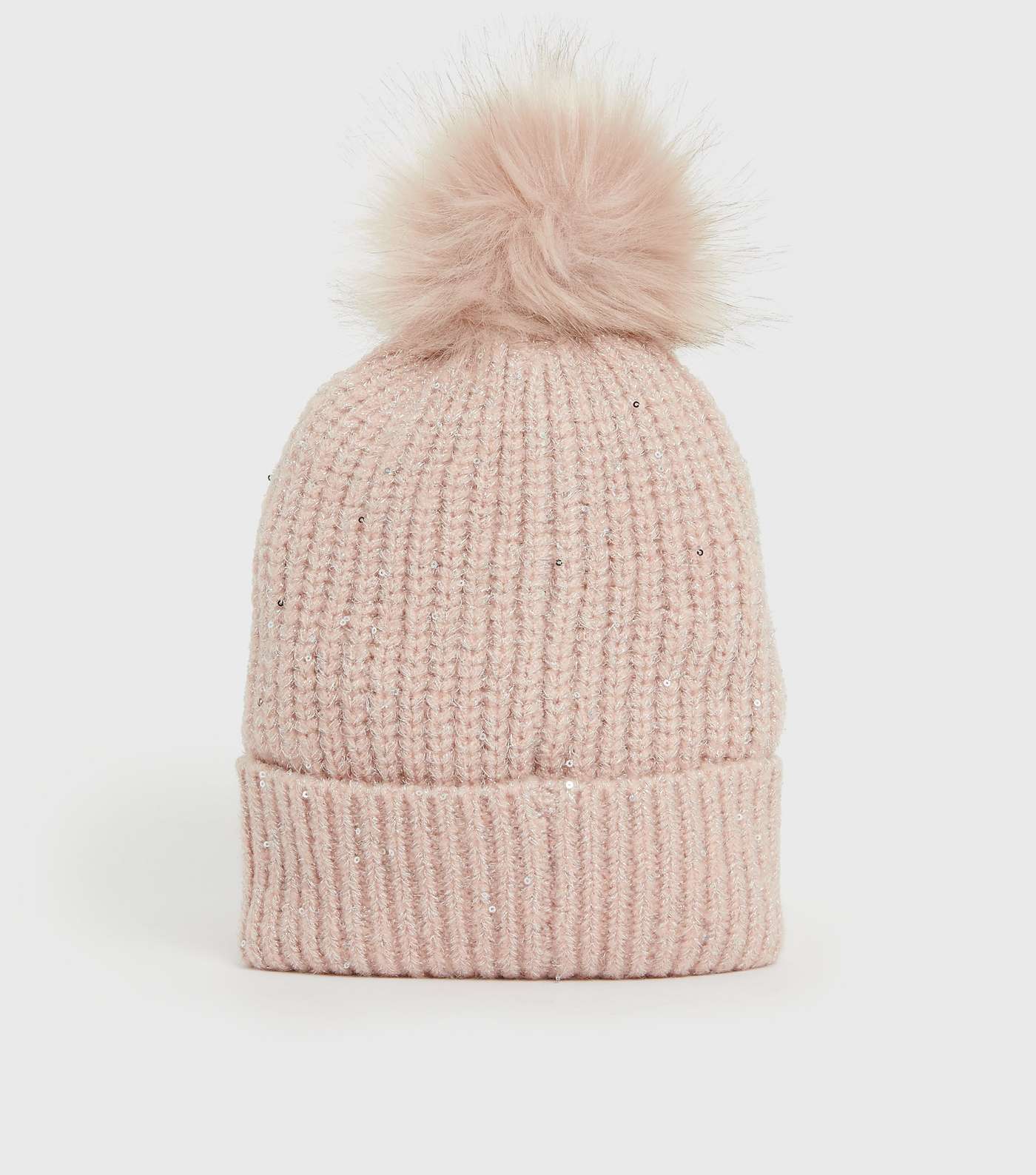 Girls Pink Ribbed Knit Sequin Bobble Hat Image 2