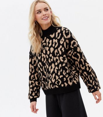 Petite Black Leopard Print High Neck Jumper New Look