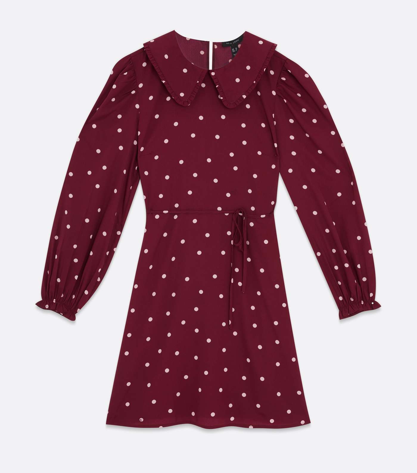 Burgundy Spot Frill Collar Tie Waist Mini Dress Image 5