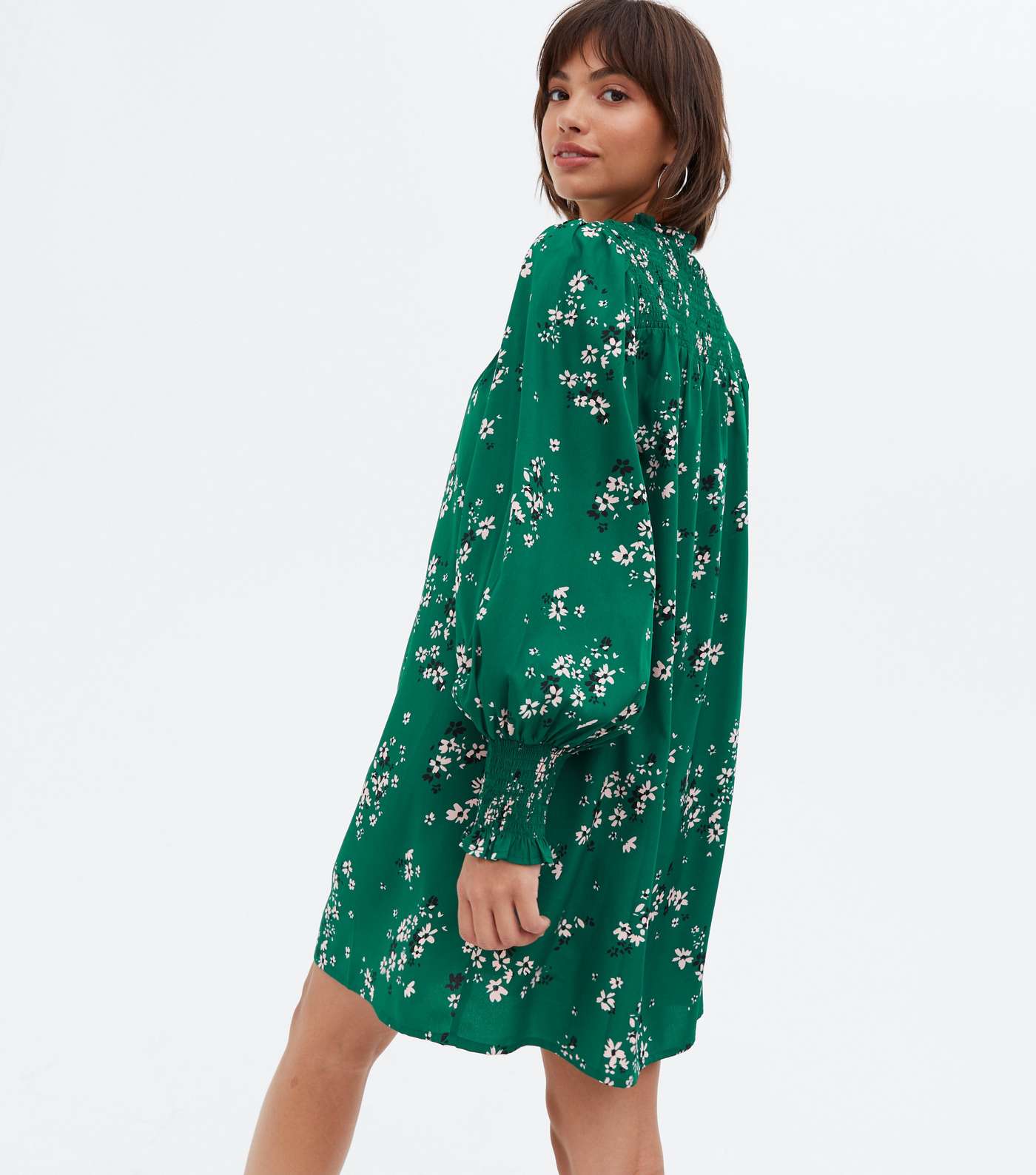 Green Floral Shirred Frill High Neck Mini Dress Image 4