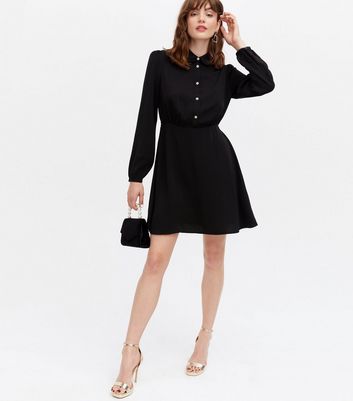 Black Frill Collar Diamanté Button Mini Dress