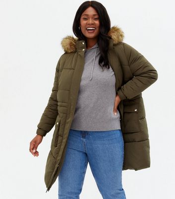 womens khaki long puffer coat