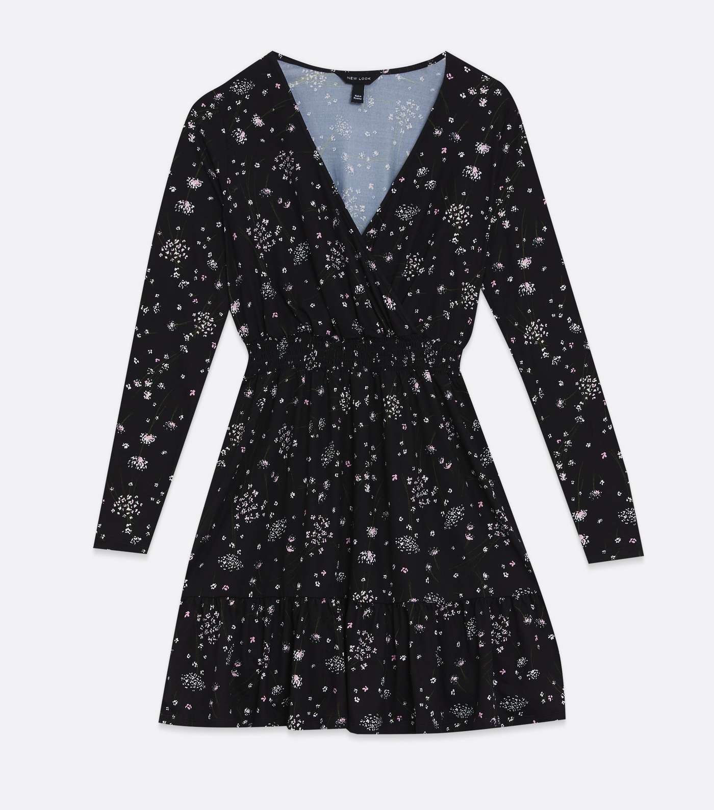 Black Floral Shirred Long Sleeve Mini Wrap Dress Image 5